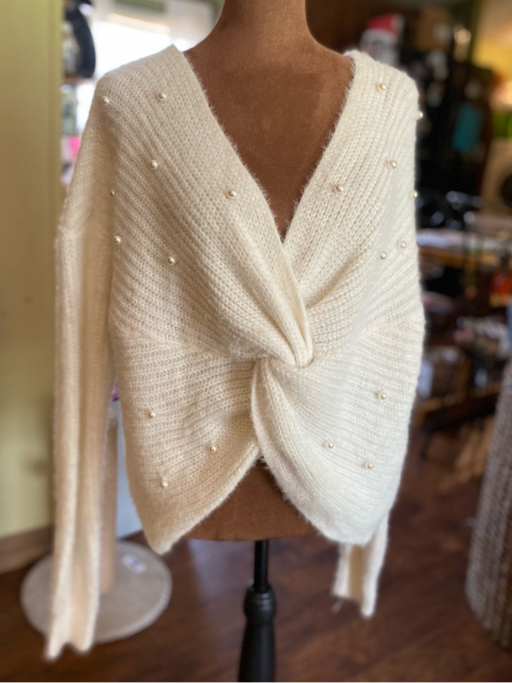 No boundaries white fuzzy feminine Pearl sweater